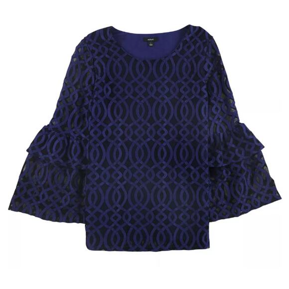 Alfani Pullover Round Neck Blouse Tiered Bell Sleeves Top Navy Blue Size Large - Picture 4 of 11